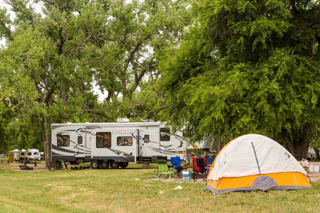 Denver, Colorado, USA - June 20, 2014. RV camping at Cherry Creek State Park in Denver, Colorado.のeditorial素材
