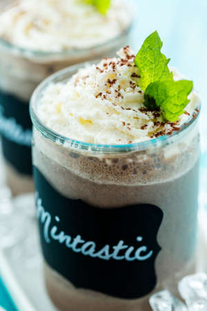 Gourmet cold mintastic chocolate drink garnished with cocoa powder and mint.の写真素材