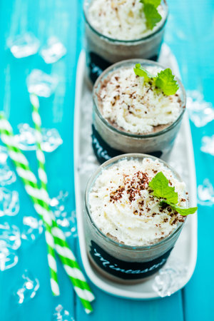 Gourmet cold mintastic chocolate drink garnished with cocoa powder and mint.