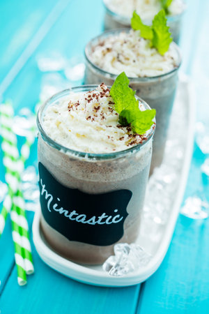 Gourmet cold mintastic chocolate drink garnished with cocoa powder and mint.