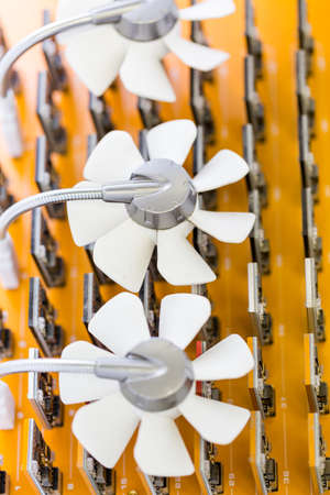 Row of USB bitcoin miners plugged into large USB board.の写真素材