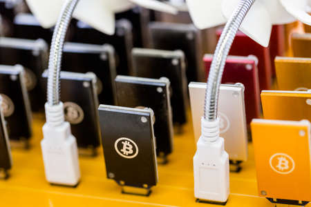 Row of USB bitcoin miners plugged into large USB board.の写真素材
