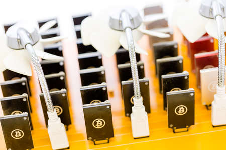 Row of USB bitcoin miners plugged into large USB board.の写真素材