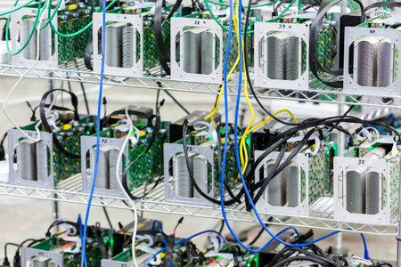 Denver, Colorado, USA-August 13, 2014. Row of bitcoin miners set up on the wired shelfs.のeditorial素材