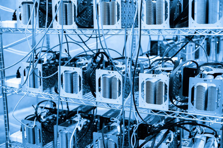 Denver, Colorado, USA-August 13, 2014. Row of bitcoin miners set up on the wired shelfs.