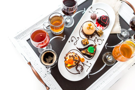 Tasting of wine and pattie chocolate pastries at the chocolate and beer and wine pairing party.