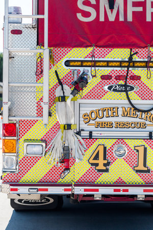 Denver, Colorado, USA-August 30, 2014. Fire truck parked in urban area.のeditorial素材