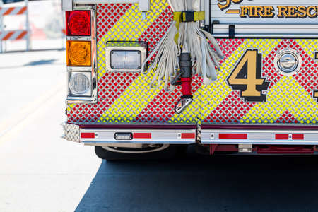 Fire truck parked in urban area.の写真素材