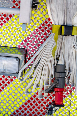 Fire truck parked in urban area.