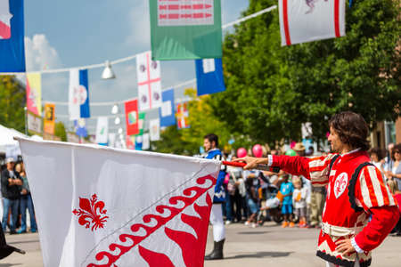 Lakewood, Colorado, USA-September 6, 2014. Flad trowing performance at anual Italian Festival on streets of Belmar, Colorado.のeditorial素材