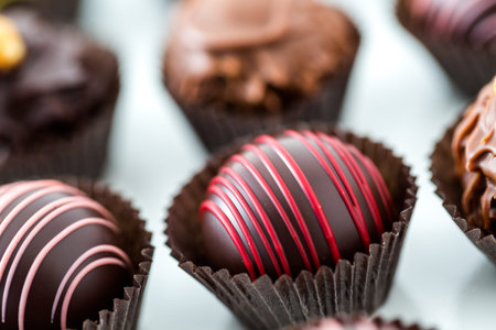 Delicious gourmet chocolate truffles hand made by professional chocolatier.の写真素材