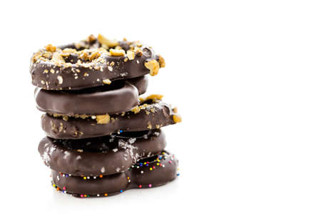 Gourmet chocolate covered pretzels on a white background.の写真素材
