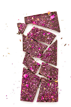 Gourmet wine and roses chocolate bar on a white background.