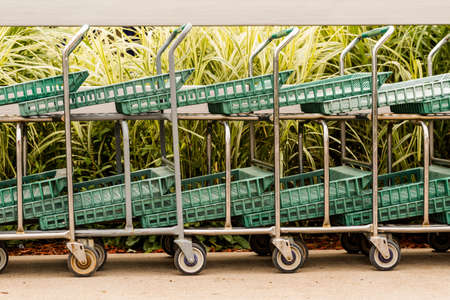 Large green shopping cart in a row.の写真素材