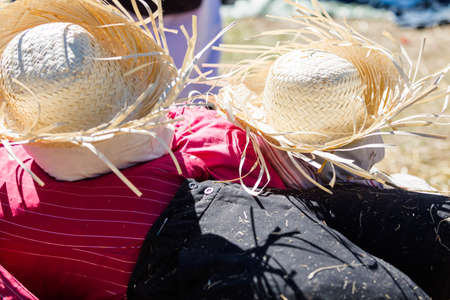 Handmade scarecrow for Halloween decoration on old farm.の写真素材