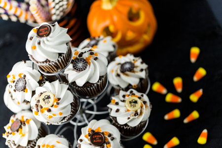 Chocolate Halloween cupcakes with white buttercreme icing and chocolate shavings on top.の写真素材