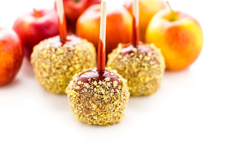 Hand dipped caramel apples decorated for Halloween.の写真素材