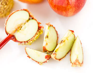 Hand dipped caramel apples decorated for Halloween.の写真素材
