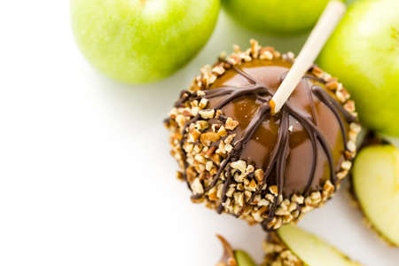 Hand dipped caramel apples decorated for Halloween.の写真素材