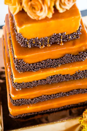 Gourmet tiered wedding cake as centerpiece at the wedding reception.の写真素材