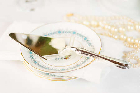 Gourmet tiered wedding cake as centerpiece at the wedding reception.の写真素材