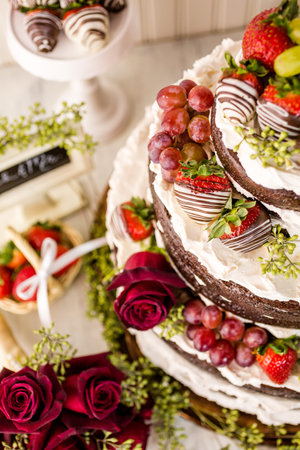 Gourmet tiered wedding cake at wedding reception.の写真素材