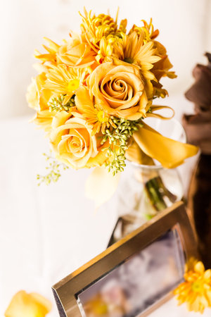 Gourmet tiered wedding cake at wedding reception.の写真素材