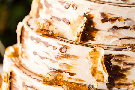 Gourmet tiered wedding cake at wedding reception.