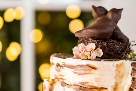 Gourmet tiered wedding cake at wedding reception.