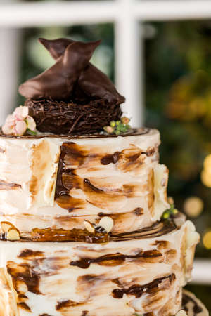 Gourmet tiered wedding cake at wedding reception.の写真素材