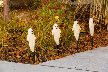 Residential house decorated for Halloween holiday.