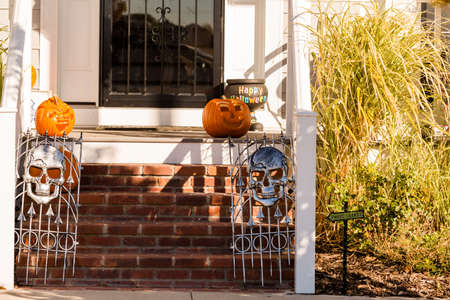 Residential house decorated for Halloween holiday.の写真素材