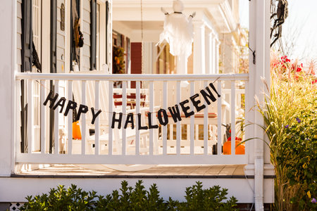 Residential house decorated for Halloween holiday.の写真素材