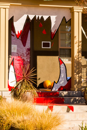 Residential house decorated for Halloween holiday.のeditorial素材