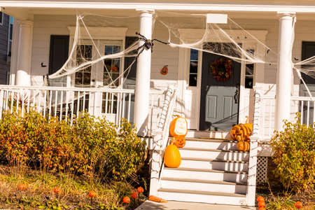 Residential house decorated for Halloween holiday.のeditorial素材