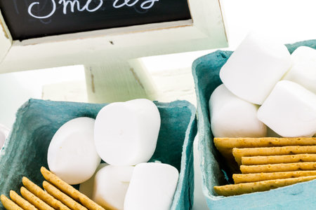 Smores station with large white marshmallows at the party.の写真素材