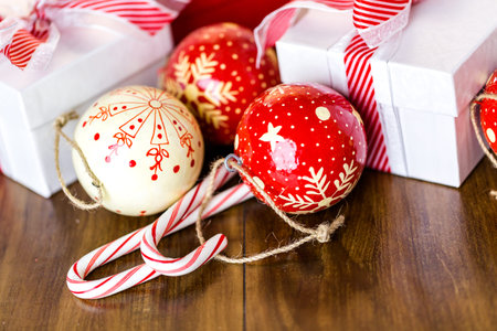 Vintage handmade Christmas ornaments on the table.の写真素材