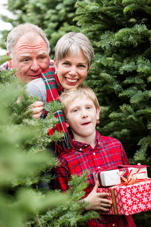 Family selecting a tree for Christmas at the Christmas tree farm.