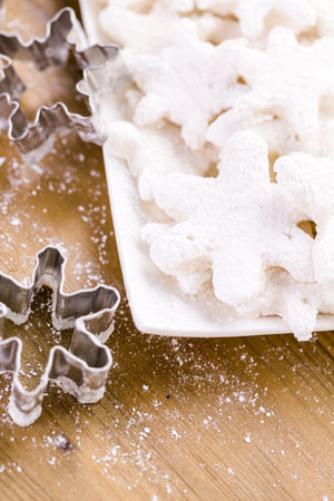 Making marshmallows in shapes of snowflakes for garnish hot chocolate.の写真素材