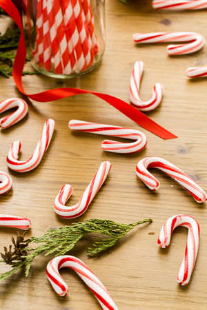 Cups with hot chocolate on wood table.の写真素材