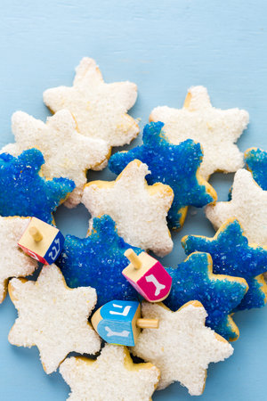 Hanukkah white and blue stars hand frosted sugar cookies,の写真素材