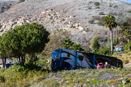 Malibu, California, USA-December 24, 2014. Winter RV camping on cost of California.のeditorial素材
