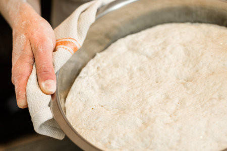 Young baker preparing artisan sourdough bread.の写真素材