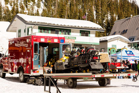 Arapahoe Basin, Colorado, USA-January 18, 2015. Aki potrol snowmobile at Araphoe basing ski resort.のeditorial素材