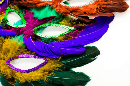Multicolored decorations for Mardi Gras party on the table.の写真素材