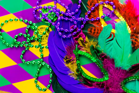 Multicolored decorations for Mardi Gras party on the table.の写真素材