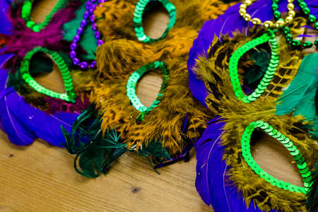 Multicolored decorations for Mardi Gras party on the table.の写真素材