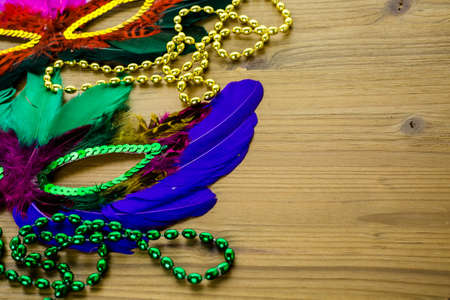Multicolored decorations for Mardi Gras party on the table.の写真素材