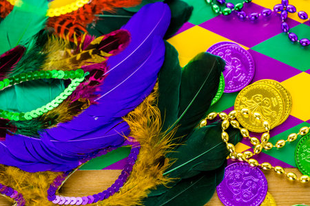 Multicolored decorations for Mardi Gras party on the table.の写真素材