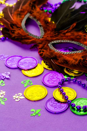 Multicolored decorations for Mardi Gras party on the table.の写真素材